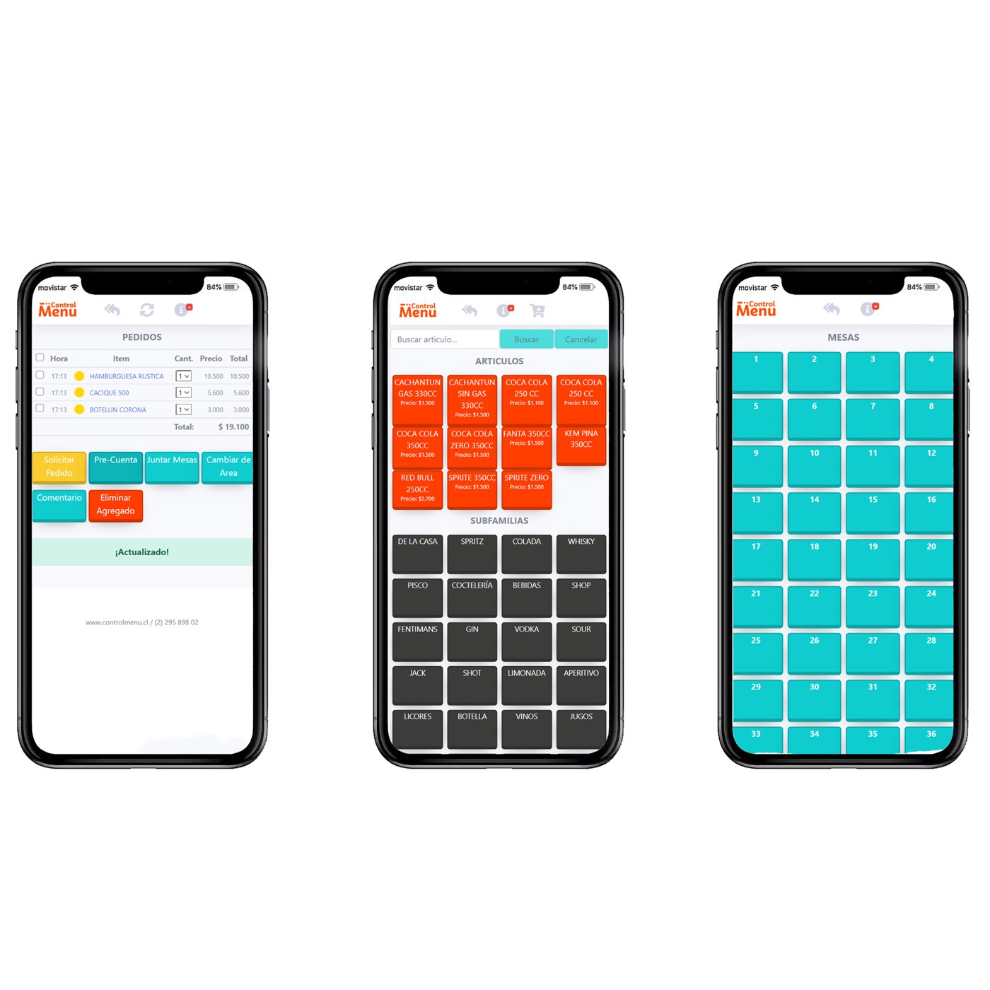 Tres pantallas de celular de la versión móvil de Control Menú para garzones: pedidos de la mesa, selección de artículos por familia y mapa de mesas