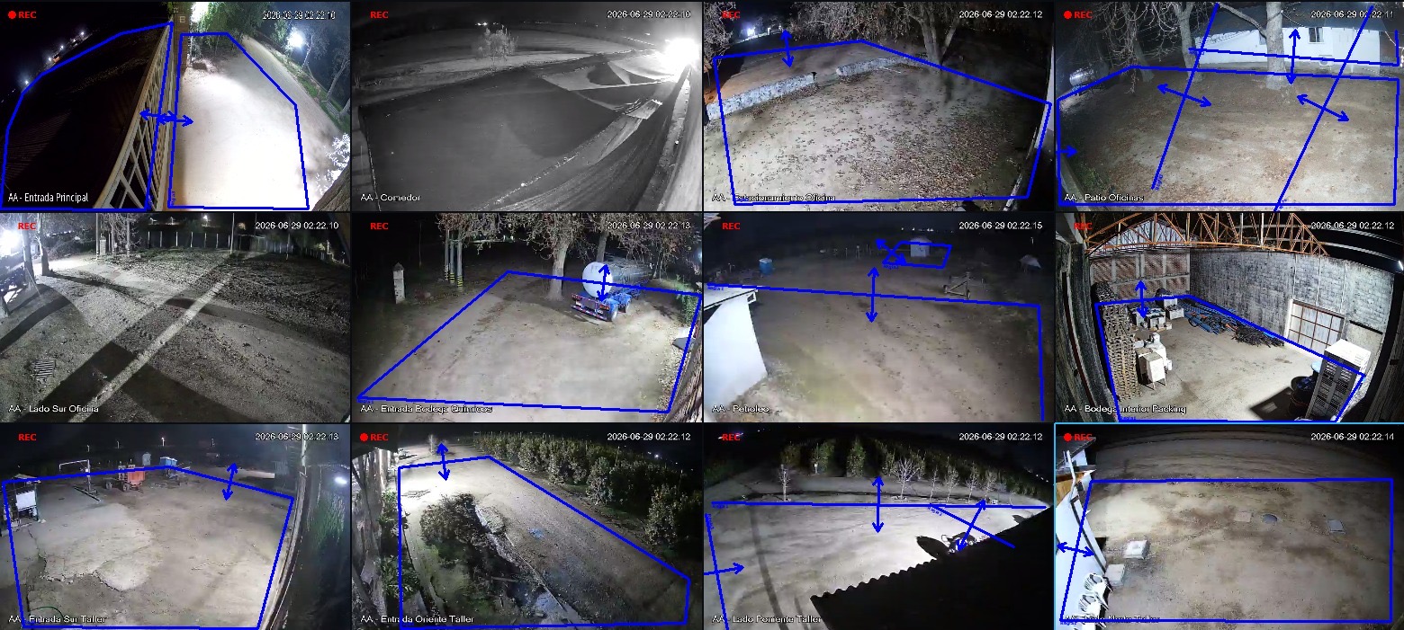 Doce cámaras de noche en un predio agroindustrial, con zonas de detección por IA