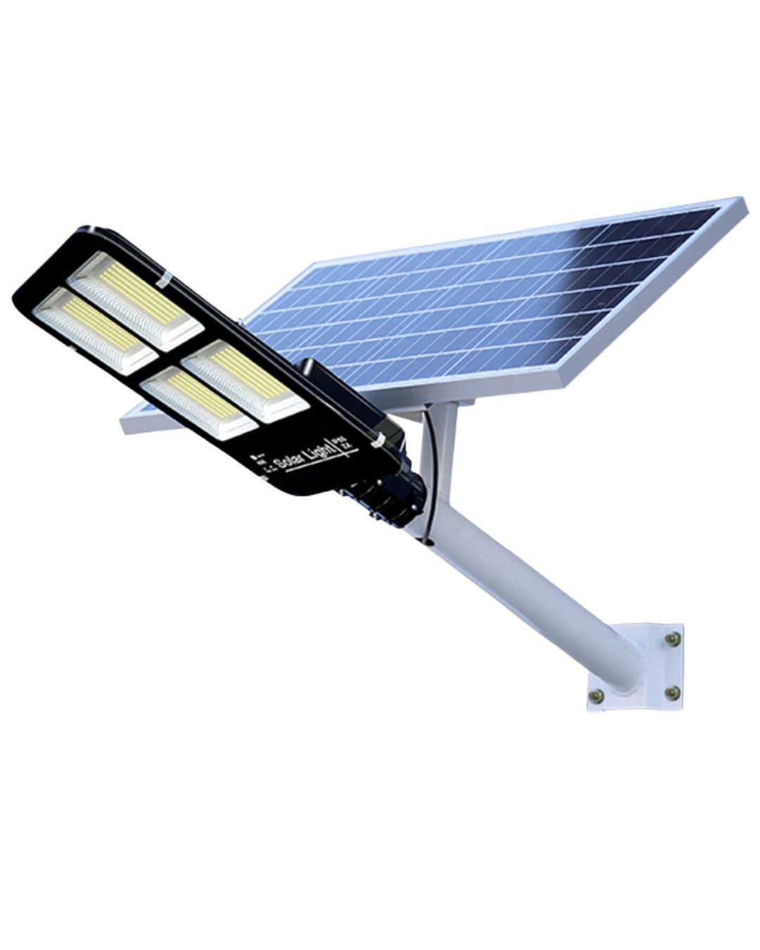 Foco solar PRANA de 200 W con su panel solar y brazo metálico, sobre fondo blanco